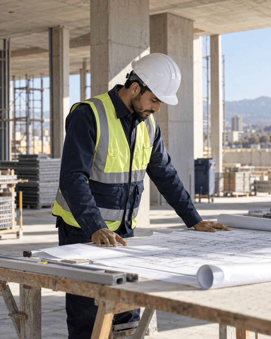 مهندس يراجع المخططات المعمارية داخل موقع قيد الإنشاء.