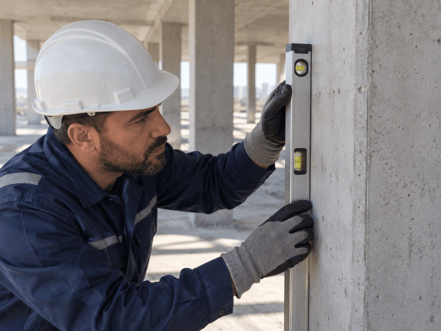 مهندس يفحص استقامة عمود خرساني باستخدام ميزان تسوية.